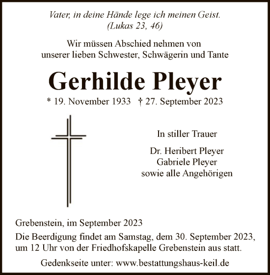 Todesanzeige von Gerhilde Pleyer von HNA