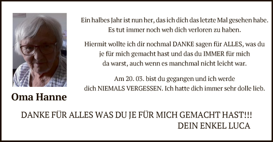 Todesanzeige von Hanne  von HNA