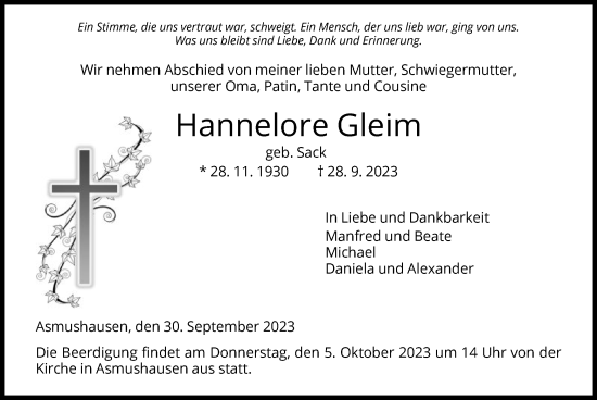 Todesanzeige von Hannelore Gleim von HNA