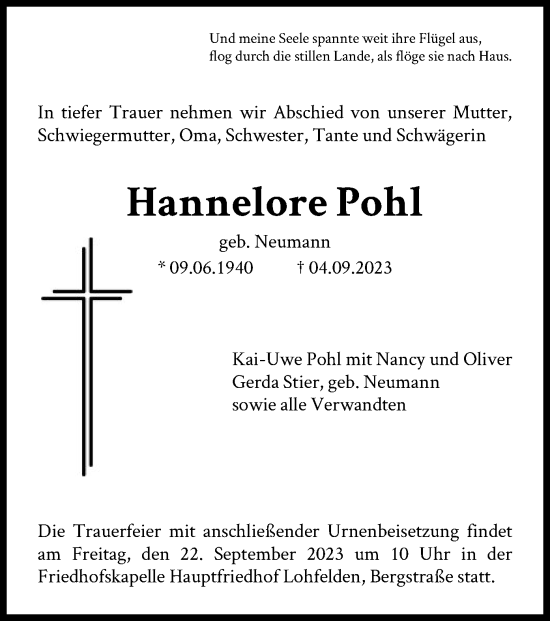 Todesanzeige von Hannelore Pohl von HNA