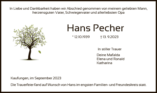 Todesanzeige von Hans Pecher von HNA