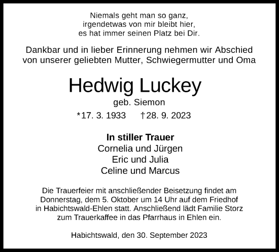 Todesanzeige von Hedwig Luckey von HNAHNAHNA
