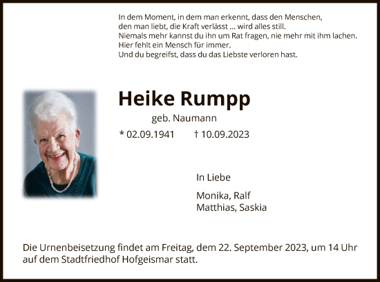 Todesanzeige von Heike Rumpp von HNA