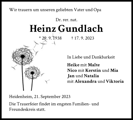 Todesanzeige von Heinz Gundlach von HNA