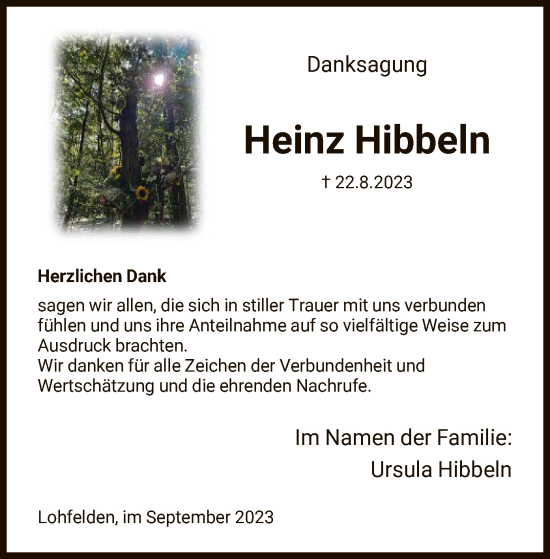 Todesanzeige von Heinz Hibbeln von HNA