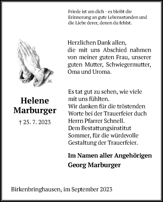 Todesanzeige von Helene Marburger von HNA