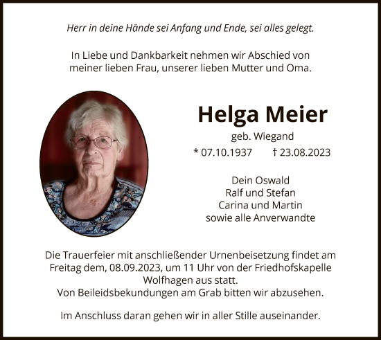 Todesanzeige von Helga Meier von HNA
