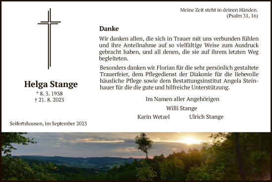 Todesanzeige von Helga Stange von HNAWRS