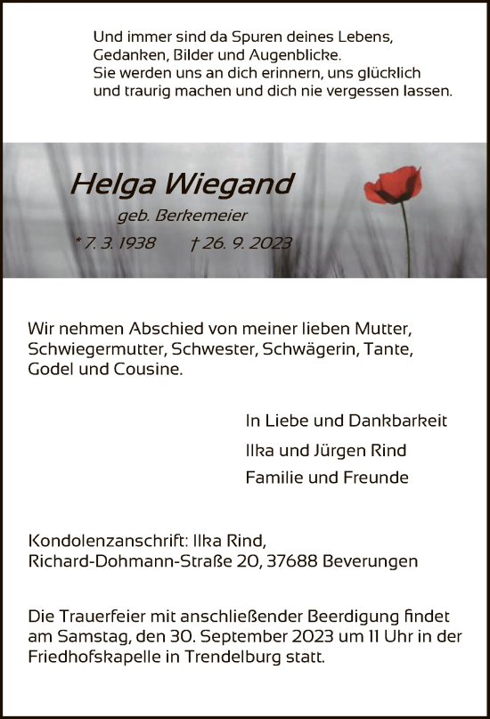 Todesanzeige von Helga Wiegand von HNA
