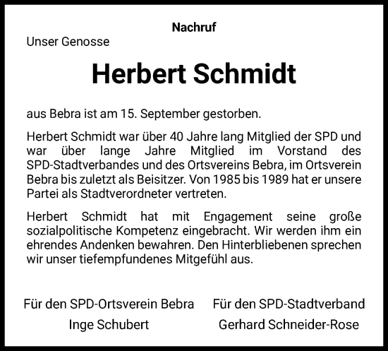 Todesanzeige von Herbert Schmidt von HNA