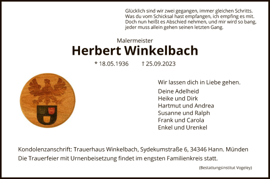 Todesanzeige von Herbert Winkelbach von HNA