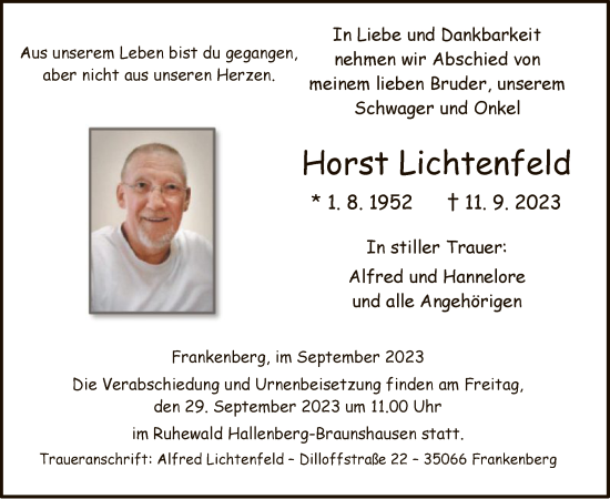 Todesanzeige von Horst Lichtenfeld von HNA