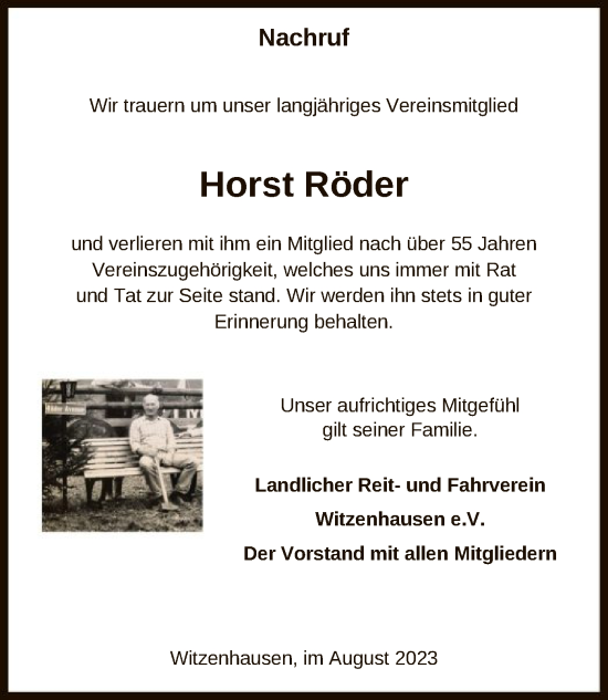 Todesanzeige von Horst Röder von HNA