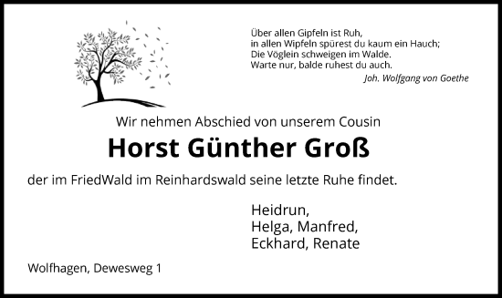 Todesanzeige von Horst Günther Groß von HNA