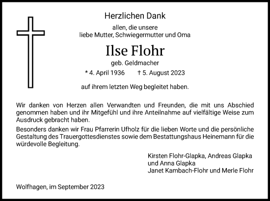 Todesanzeige von Ilse Flohr von HNA