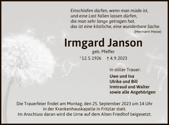 Todesanzeige von Irmgard Janson von HNA