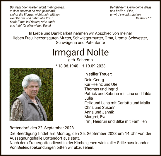 Todesanzeige von Irmgard Nolte von HNA