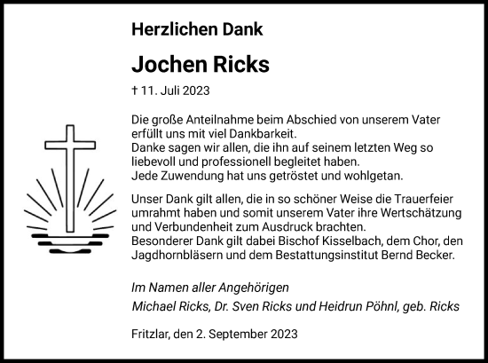 Todesanzeige von Jochen Ricks von HNA