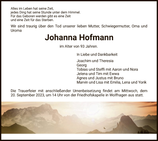 Todesanzeige von Johanna Hofmann von HNA