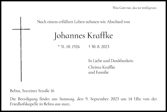 Todesanzeige von Johannes Kraffke von HNA