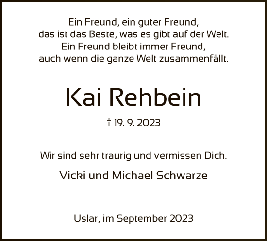 Todesanzeige von Kai Rehbein von HNA