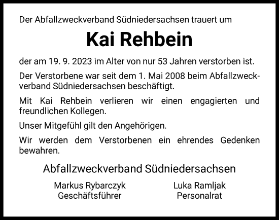 Todesanzeige von Kai Rehbein von HNA