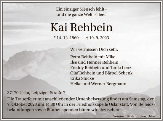 Todesanzeige von Kai Rehbein von HNA