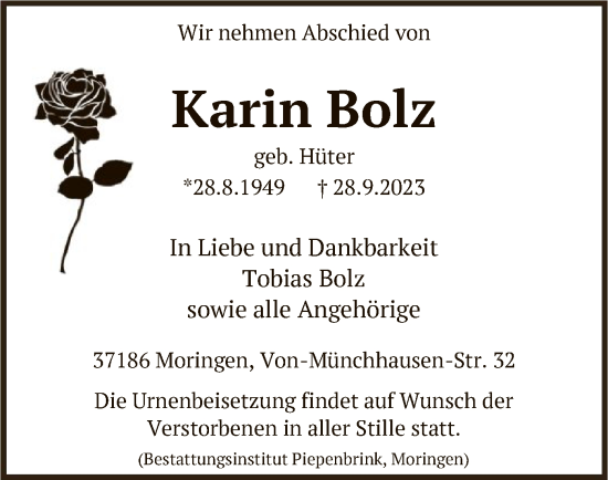 Todesanzeige von Karin Bolz von HNA