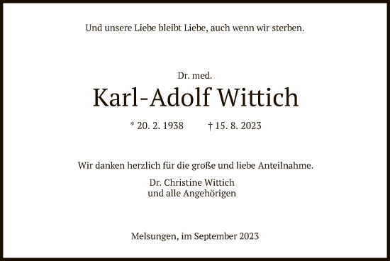 Todesanzeige von Karl-Adolf Wittich von HNA