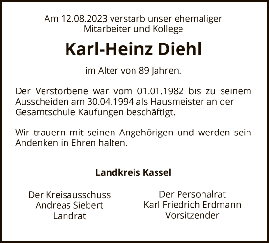 Todesanzeige von Karl-Heinz Diehl von HNA