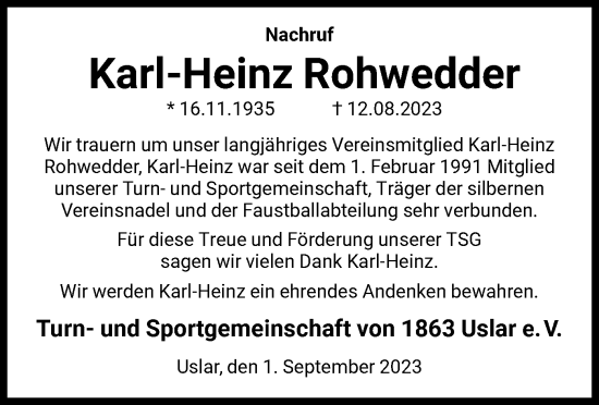 Todesanzeige von Karl-Heinz Rohwedder von HNA