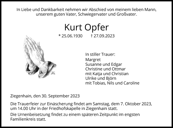 Todesanzeige von Kurt Opfer von HNA
