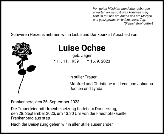 Todesanzeige von Luise Ochse von HNA