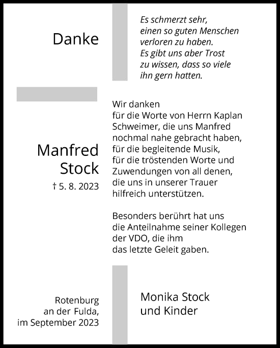 Todesanzeige von Manfred Stock von HNAHNA