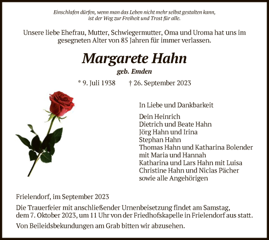 Todesanzeige von Margarete Hahn von HNAHNA