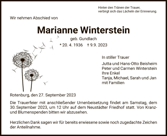 Todesanzeige von Marianne Winterstein von HNA