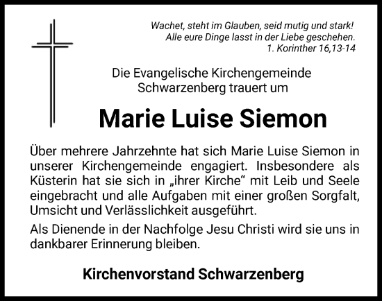 Todesanzeige von Marie Luise Siemon von HNA