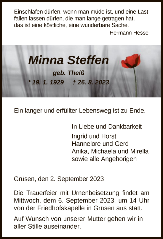 Todesanzeige von Minna Steffen von HNA