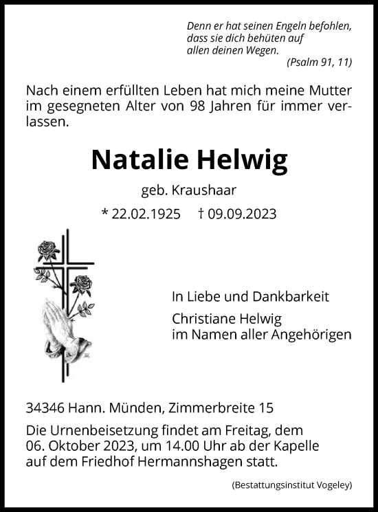 Todesanzeige von Natalie Helwig von HNA