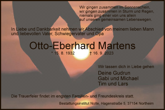 Todesanzeige von Otto-Eberhard Martens von HNA