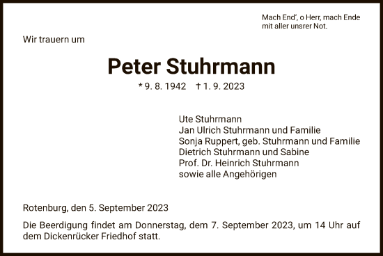 Todesanzeige von Peter Stuhrmann von HNA