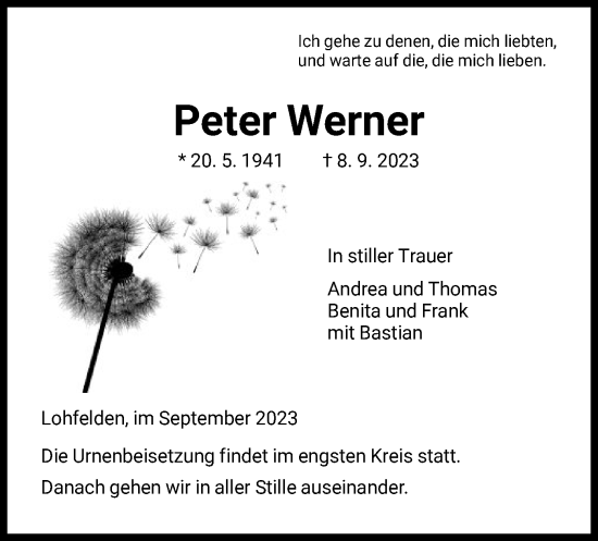 Todesanzeige von Peter Werner von HNA