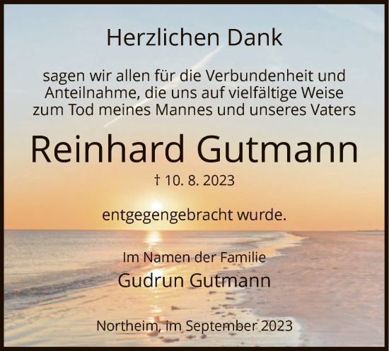 Todesanzeige von Reinhard Gutmann von HNA