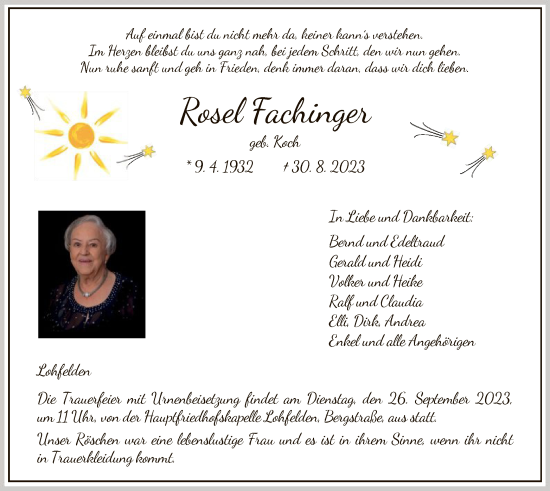 Todesanzeige von Rosel Fachinger von HNA