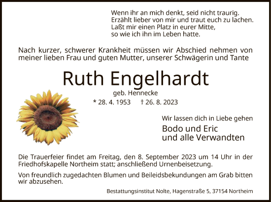 Todesanzeige von Ruth Engelhardt von HNA
