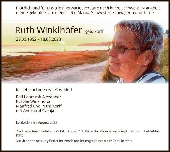 Todesanzeige von Ruth Winklhöfer von HNA