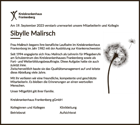 Todesanzeige von Sibylle Malirsch von HNA