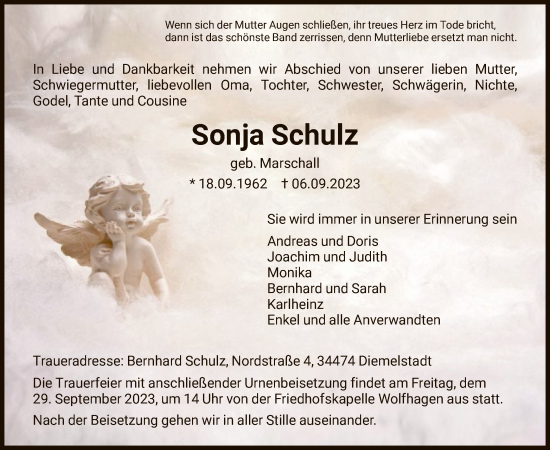 Todesanzeige von Sonja Schulz von HNA