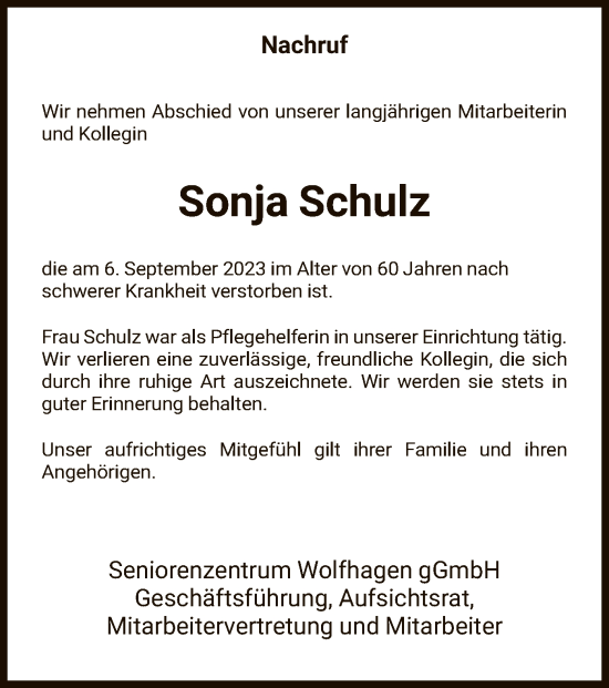 Todesanzeige von Sonja Schulz von HNA