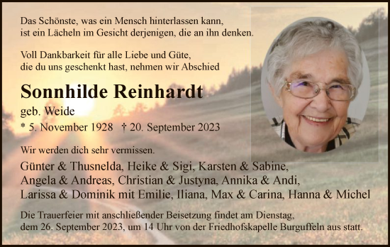 Todesanzeige von Sonnhilde Reinhardt von HNA